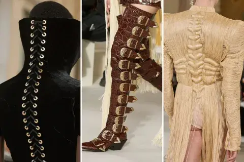 Haciendo doble clic en los detalles de los looks, Schiaparelli aprovechó para sobrecargar con cordones, nudos y hebillas. Haciendo doble clic en los detalles de los looks, Schiaparelli aprovechó para sobrecargar con cordones, nudos y hebillas.