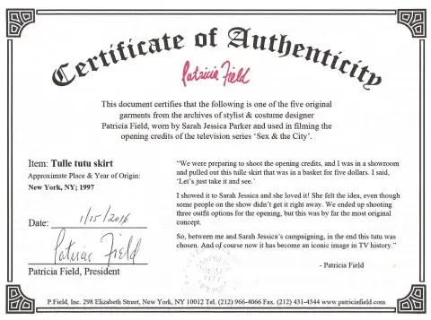 El certificado de autenticidad del tutú que se subastó de Sarah Jessica Parker en Sex and the City. El certificado de autenticidad del tutú que se subastó de Sarah Jessica Parker en Sex and the City.