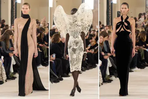 Si bien las transparencias y la piel a descubierto no marcaron el desfile, hubo un naked dress que dejó a todos sin palabras y el uso de cuts y encajes fueron parte de algunos outfits. Si bien las transparencias y la piel a descubierto no marcaron el desfile, hubo un naked dress que dejó a todos sin palabras y el uso de cuts y encajes fueron parte de algunos outfits.