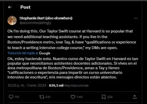 El pedido de la docente del curso de Taylor Swift en Harvard. El pedido de la docente del curso de Taylor Swift en Harvard.