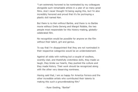 El posteo de Ryan Gosling sobre las nominaciones a los premios Oscar. El posteo de Ryan Gosling sobre las nominaciones a los premios Oscar.