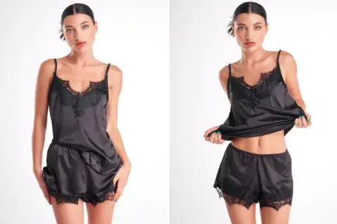 El little white dress de la ropa interior: un clásico sensual que nunca falla y que es obligatorio tener en el guardarropas: dos piezas negro de satén y puntilla. La musculosa tiene breteles regulables y la cintura del short es elastizada. Pompavana