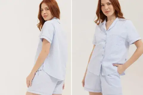 El clásico pijama camisero reversionado para el verano de manga corta con solapa y short. Selú