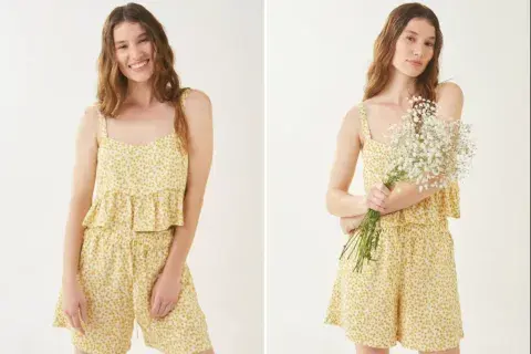Otra opción dos en uno: para dormir y para ir a la playa. Conjunto de short y top con volado y breteles anchos. El short es de cintura ancha con elástico. Para hacer fiaca