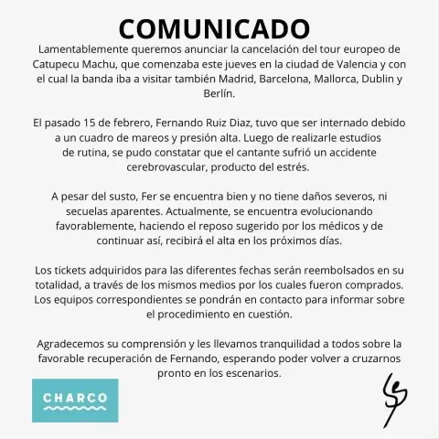 El comunicado de Catupecu Machu por el ACV de Fernando Ruiz Díaz.