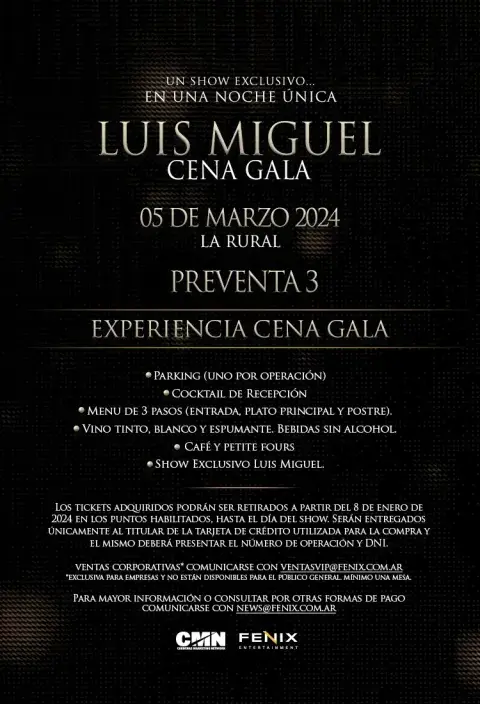 El anuncio de la cena de gala de Luis Miguel en Argentina. El anuncio de la cena de gala de Luis Miguel en Argentina.