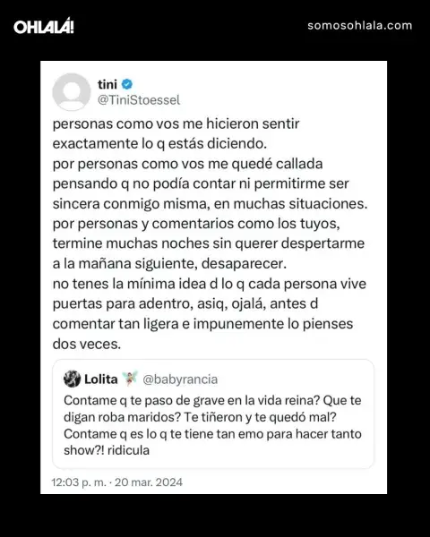 La respuesta de Tini Stoessel a un usuario en X (exTwitter). La respuesta de Tini Stoessel a un usuario en X (exTwitter).