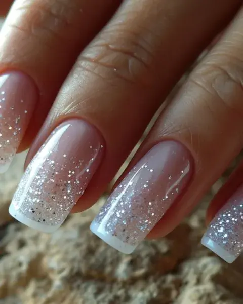 Sobre una base nude y con una francesita, sumás un degradé en brillitos. Sobre una base nude y con una francesita, sumás un degradé en brillitos.