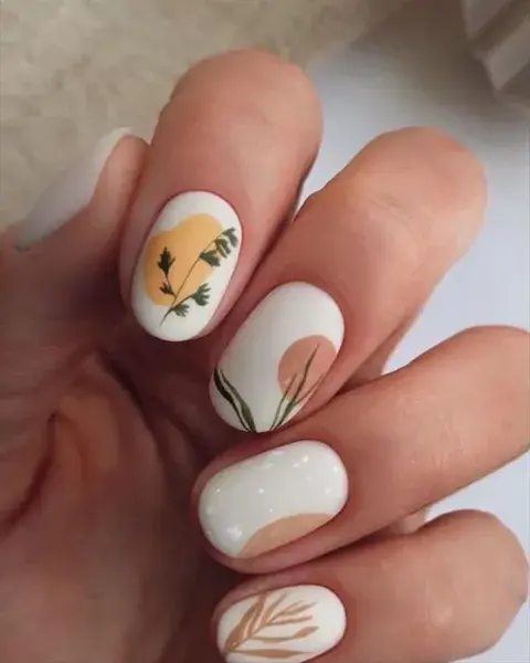 Sobre una base blanca y combinándolo con marrones y amarillos, además ilustrás motivos vegetales.