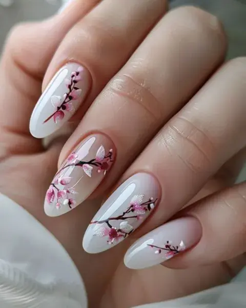 Sobre una base milky, dibujás unas flores de cerezo. ¡Súper romántico! Sobre una base milky, dibujás unas flores de cerezo. ¡Súper romántico!