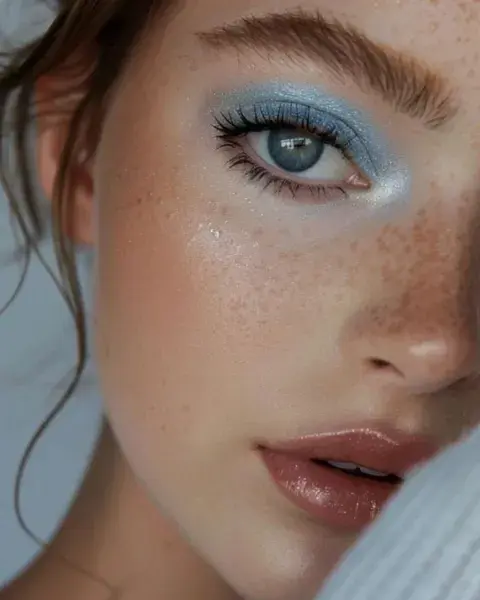 Resaltando la mirada con una buena máscara de pestaña, seguís la forma del ojo con una sombra azul uniforme. Resaltando la mirada con una buena máscara de pestaña, seguís la forma del ojo con una sombra azul uniforme.