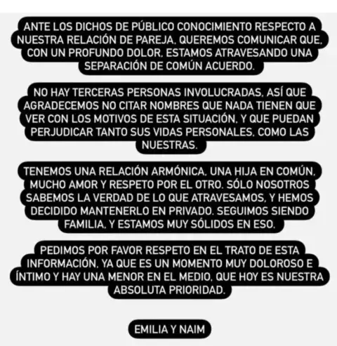 El comunicado con el que Emilia Attias y el Turco Naim confirmaron su separación. El comunicado con el que Emilia Attias y el Turco Naim confirmaron su separación.