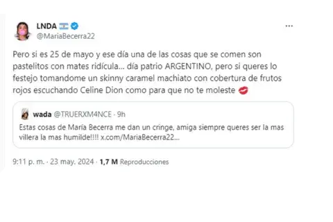 La respuesta de María Becerra a una tuitera La respuesta de María Becerra a una tuitera