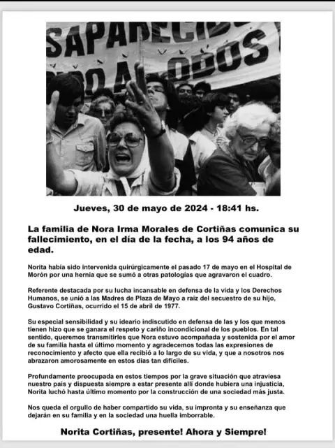 El comunicado oficial por la muerte de Norita Cortiñas. El comunicado oficial por la muerte de Norita Cortiñas.