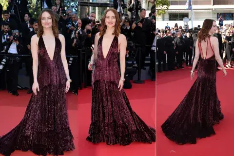 Emma Stone lució un impresionante vestido de paillettes color berenjena creado por Nicolas Ghesquière, para Louis Vuitton.