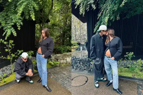 Hailey Bieber lució una camisa a abotonada, casi abierta para mostrar su pancita, jeans azules bien anchos, un blazer negro oversize y unos mocasines negros de punta cuadrada de Loewe Hailey Bieber lució una camisa a abotonada, casi abierta para mostrar su pancita, jeans azules bien anchos, un blazer negro oversize y unos mocasines negros de punta cuadrada de Loewe