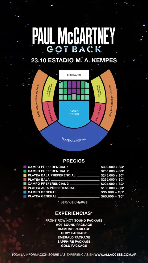 Los precios de las entradas para el show de Paul McCartney en el Estadio Kempes (Córdoba). Los precios de las entradas para el show de Paul McCartney en el Estadio Kempes (Córdoba).