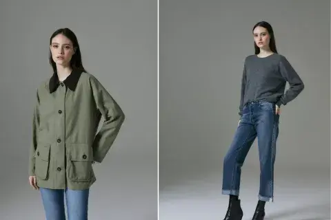 Chaqueta de gabardina y suéter de cashmere, todo de la cápsula Awada por Juliana Awada. Chaqueta de gabardina y suéter de cashmere, todo de la cápsula Awada por Juliana Awada.