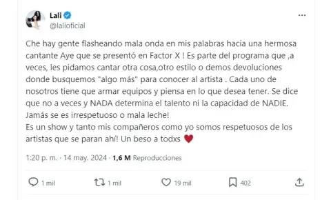 El tuit de Lali Espósito respondiendo a las críticas por su rol en Factor X. El tuit de Lali Espósito respondiendo a las críticas por su rol en Factor X.