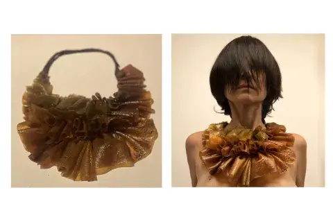 El collar está confeccionado en un material obtenido a partir de cáscaras de mandarinas El collar está confeccionado en un material obtenido a partir de cáscaras de mandarinas
