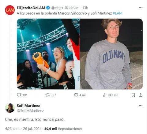 El tuit donde Sofi Martínez niega romance con Marcos de GH. El tuit donde Sofi Martínez niega romance con Marcos de GH.