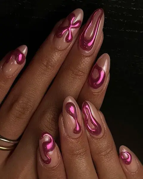 diseño de uñas rosas con detalles 3D diseño de uñas rosas con detalles 3D