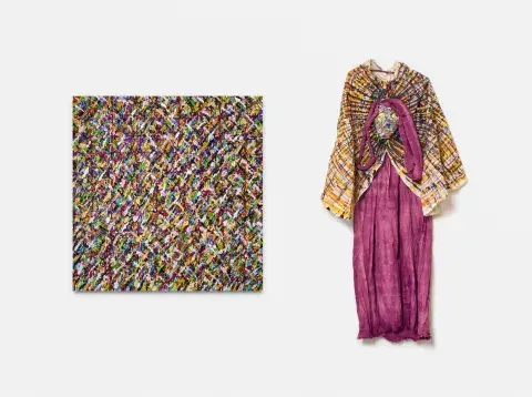 En las prendas se utilizaron materiales provenientes del trabajo pictórico En las prendas se utilizaron materiales provenientes del trabajo pictórico