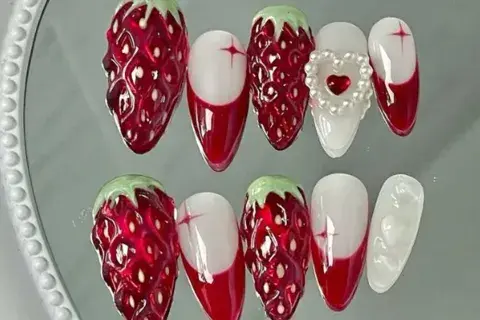 Aunque la pieza principal son las frutillas 3D, este diseño combina perlas y francesita para darle un toque diferente. - Aunque la pieza principal son las frutillas 3D, este diseño combina perlas y francesita para darle un toque diferente. -