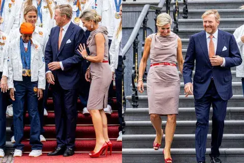 Para el encuentro que realizó junto a los atletas que participaron de la última edición de los JJ.OO. la reina optó por un vestido minimalista corte tubo que llegaba hasta sus rodillas en color beige Para el encuentro que realizó junto a los atletas que participaron de la última edición de los JJ.OO. la reina optó por un vestido minimalista corte tubo que llegaba hasta sus rodillas en color beige