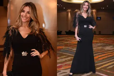 Para completar el estilismo, Ludueña sumó un cinto con una hebilla en dorado, sitlettos de Ricky Sarkany Para completar el estilismo, Ludueña sumó un cinto con una hebilla en dorado, sitlettos de Ricky Sarkany