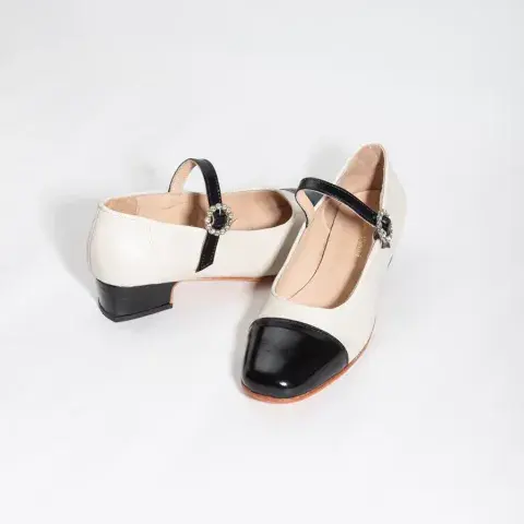 Un foto de un par de zapatos estilo Mary Jane. Un foto de un par de zapatos estilo Mary Jane.