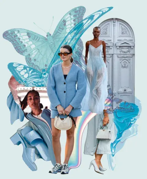 Collage con mujeres vestidas de color celeste. Collage con mujeres vestidas de color celeste.