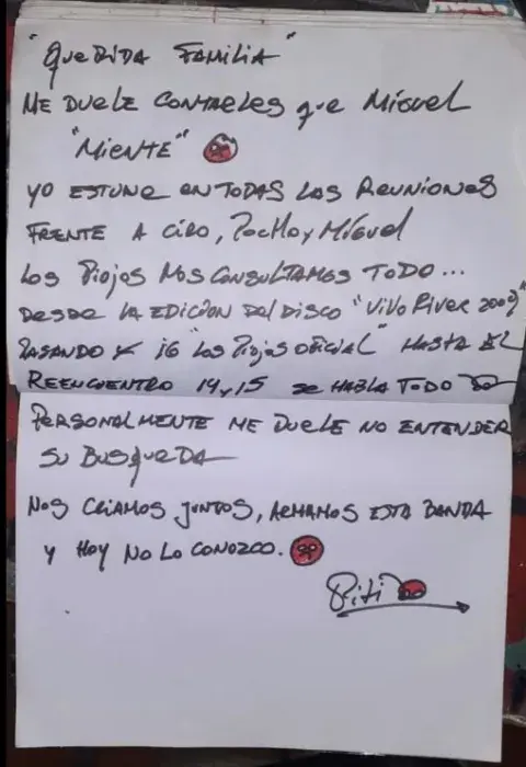 Foto de la carta con la que Piti Fernández le responde a Micky Rodríguez. Foto de la carta con la que Piti Fernández le responde a Micky Rodríguez.