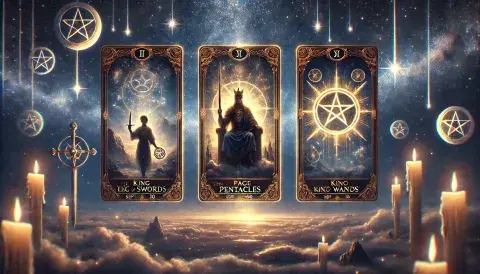 Tres cartas de tarot sobre un fondo de cielo. Tres cartas de tarot sobre un fondo de cielo.
