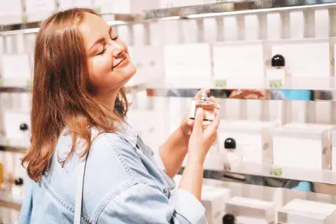 Una mujer probándose perfume en un local Una mujer probándose perfume en un local