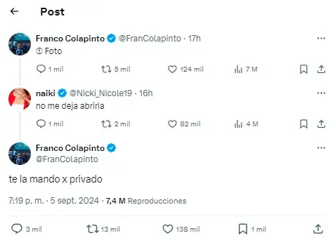 Captuta del intercambio en redes sociales entre Nicki Nicole y Franco Colapinto. Captuta del intercambio en redes sociales entre Nicki Nicole y Franco Colapinto.