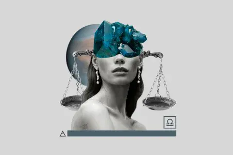 Collage del símbolo de Libra, con el rostro de una mujer y la balanza. Collage del símbolo de Libra, con el rostro de una mujer y la balanza.