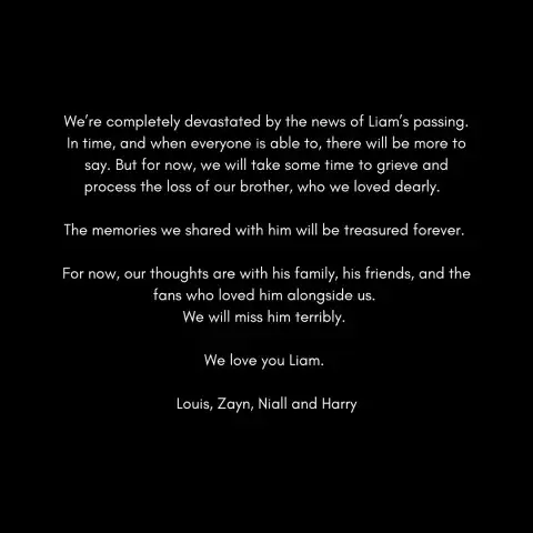 El comunicado de One Direction por la muerte de Liam Payne. El comunicado de One Direction por la muerte de Liam Payne.