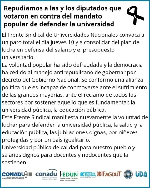 El comunicado anunciando el paro universitario. El comunicado anunciando el paro universitario.