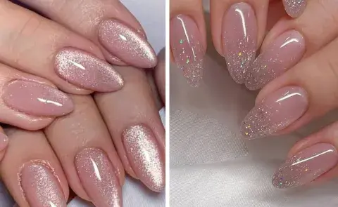 dos manos con uñas de color nude con brillos dos manos con uñas de color nude con brillos
