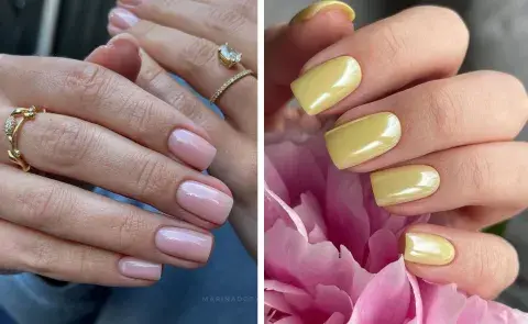 Dos manos con las uñas recién hechas. Unas en color nude y otras en amarillo Dos manos con las uñas recién hechas. Unas en color nude y otras en amarillo