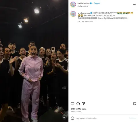 Captura del posteo donde Emilia Mernes anuncia un cuarto show en Vélez. Captura del posteo donde Emilia Mernes anuncia un cuarto show en Vélez.
