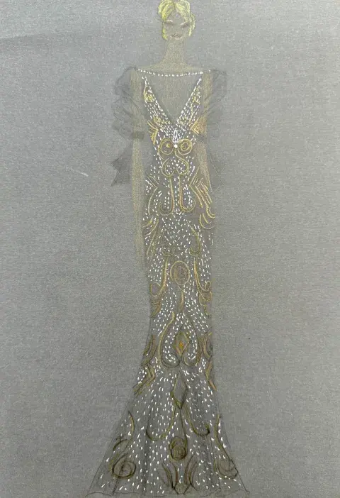 Foto del diseño del vestido de Gabriel Lage que lució Mariana Fabbiani en la alfombra roja del Martín Fierro de Cine. Foto del diseño del vestido de Gabriel Lage que lució Mariana Fabbiani en la alfombra roja del Martín Fierro de Cine.