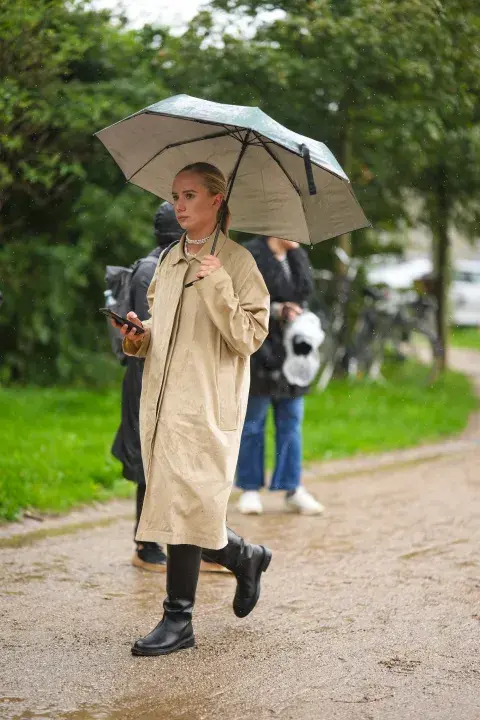 Una mujer con un paraguas usando un trench en color camel Una mujer con un paraguas usando un trench en color camel