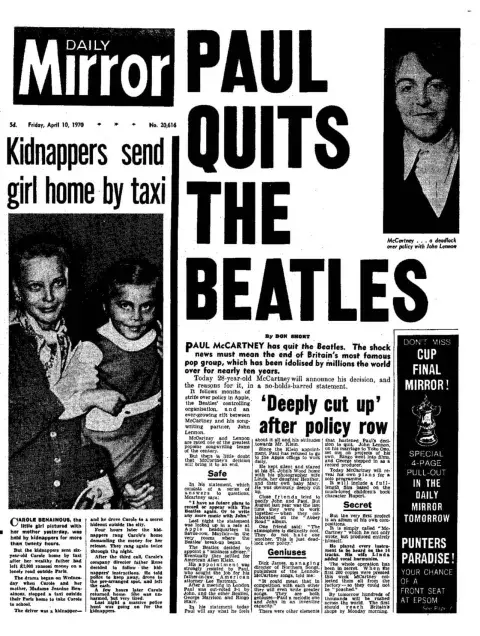 La histórica portada del Daily Mirror en la que Paul McCartney anuncia que deja The Beatles. La histórica portada del Daily Mirror en la que Paul McCartney anuncia que deja The Beatles.