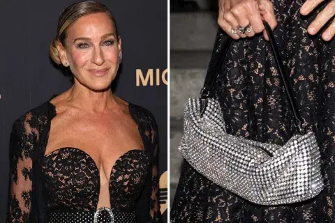 El bolso de mano que eligió para este look: de asa corta negro y ornamentado con tachuelas en color plata. El bolso de mano que eligió para este look: de asa corta negro y ornamentado con tachuelas en color plata.
