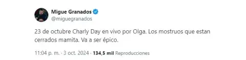 Captura de Tuit de MIgue Granados anunciando el Charly García Day. Captura de Tuit de MIgue Granados anunciando el Charly García Day.