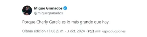 Captura de Tuit de Migue Granados anunciando el Charly García Day. Captura de Tuit de Migue Granados anunciando el Charly García Day.