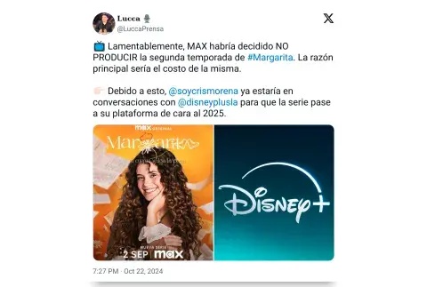 Tweet de Lucca Prensa sobre la cancelación de la temporada 2 de Margarita en Max. Tweet de Lucca Prensa sobre la cancelación de la temporada 2 de Margarita en Max.