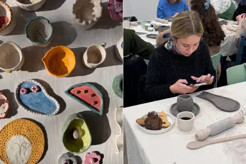 Piezas de cerámica y una chica haciendo una pieza de cerámica en un taller.